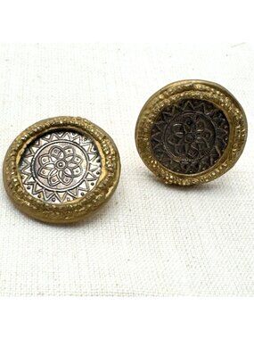 Gold-Tone & Silver-Tone Floral Clip-On Earrings Vtg Round Medallion Design 1.25"